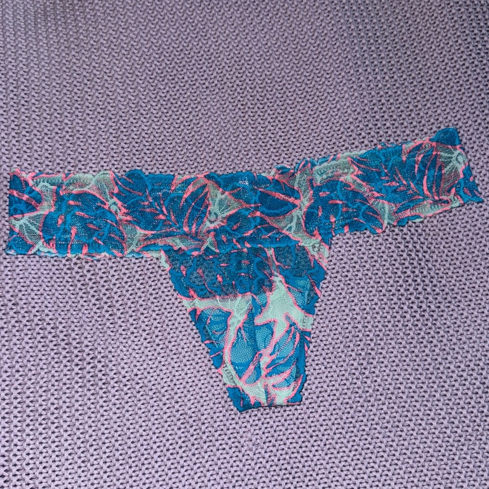 Summer floral pink & blue PINK Victoria’s Secret lace thong pantie